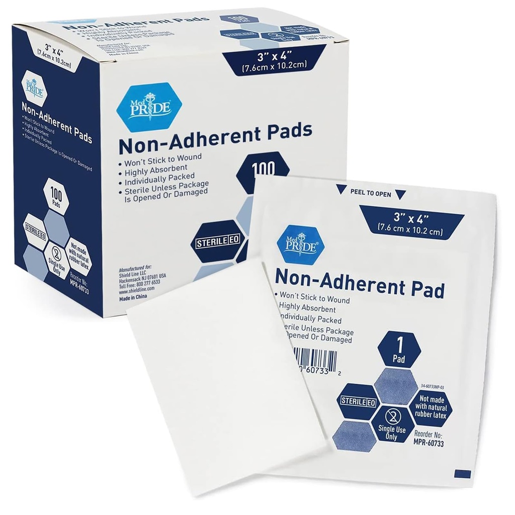 MED PRIDE Sterile Non Stick Pads for Wound Care and Wounds, Altamente Absorvente, Remoção indolor, Envolto individualmente (3x4 Ponch (Pacote de 100))