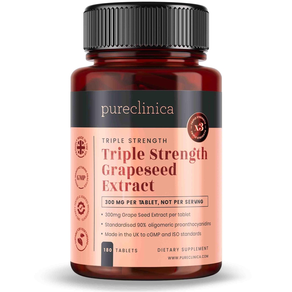 Pureclinica Grape Seed Extract 300mg x 180 Comprimidos - 90% Proantocianidinas oligoméricas. 300% mais forte que a semente de uva normal.