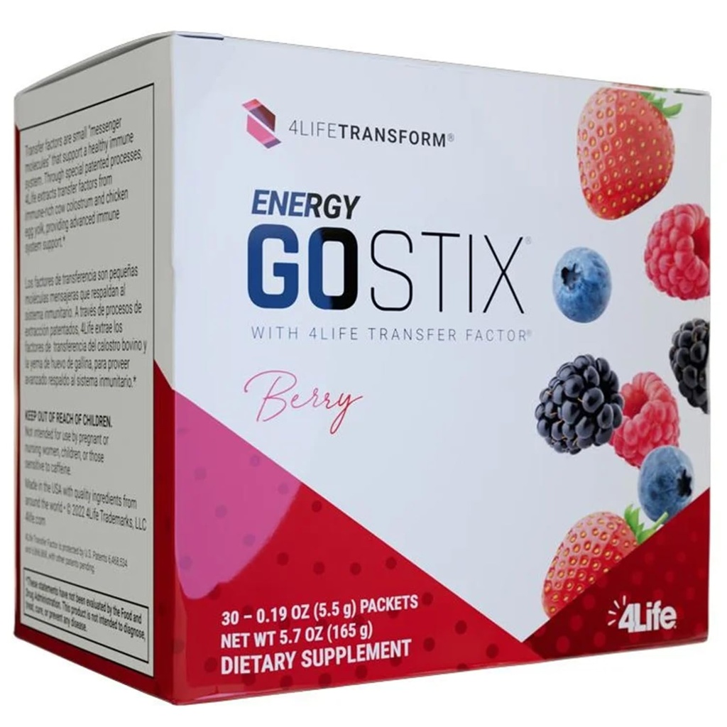 4Life Energy Go Stix, Healthy Energy Drink Mix, Cafeína de Guarana, Maca, Yerba Mate e Green Tea Leaf Extract, Berry Flavor - 30 pacotes