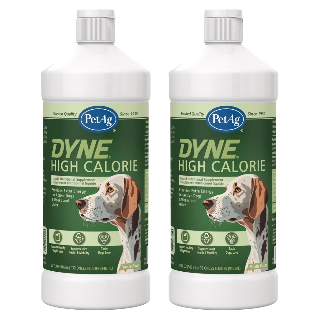 Pet-Ag Dyne Suplemento Nutricional Líquido de Alta Caloria para Cães e Filhotes 8 semanas e mais velhos - 32 onças, pacote de 2 - Suporta Desempenho e Endurance - Doce sabor de baunilha