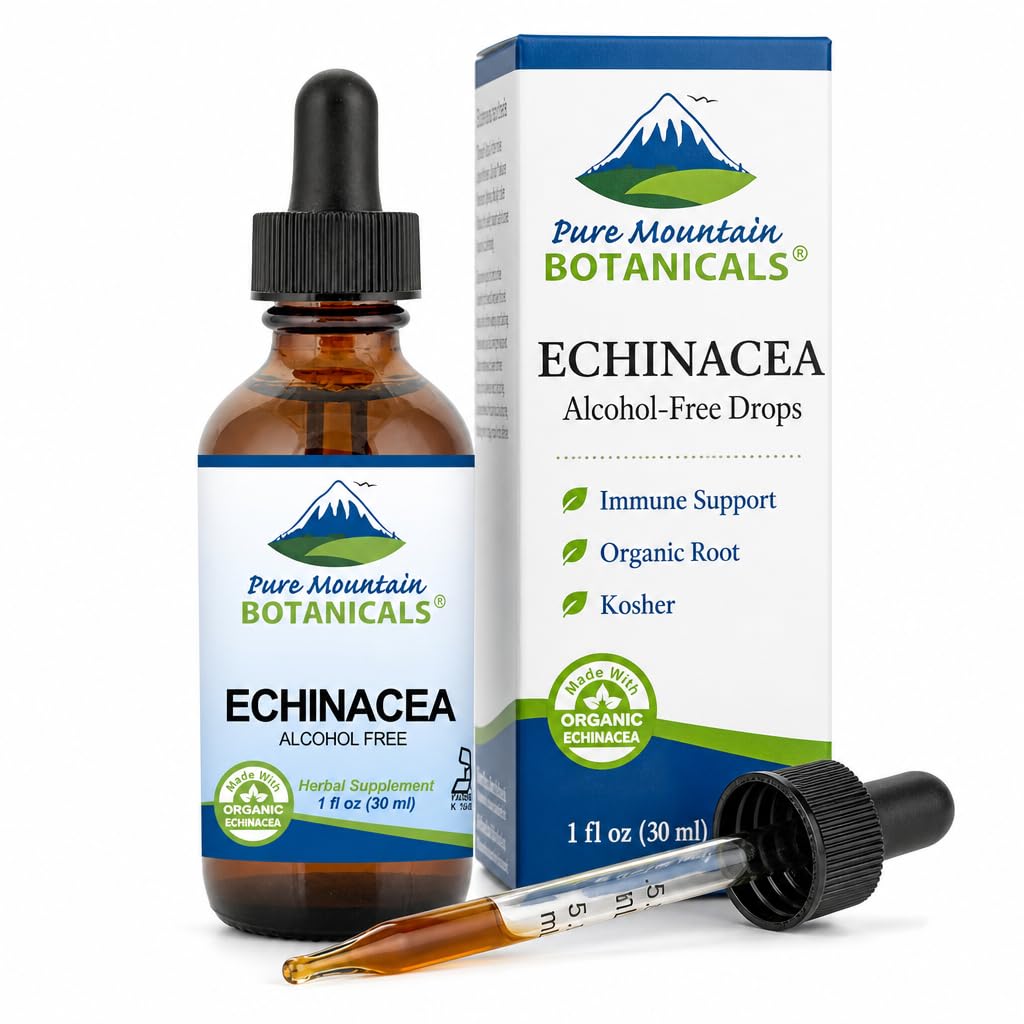 Pure Mountain Botanicals Liquid Echinacea Drops – Kosher Tintura Álcool Extrato Livre - 500mg Echinacea Orgânica - 1 oz Garrafa