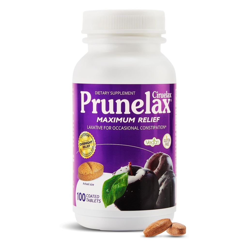 Prunelax Ciruelax Máximo alívio comprimidos laxantes com Senna Natural para Obstipação Ocasional, Extrato de Sena, Vegan & Gluten-Free, Gentle Overnight Alief - 100ct