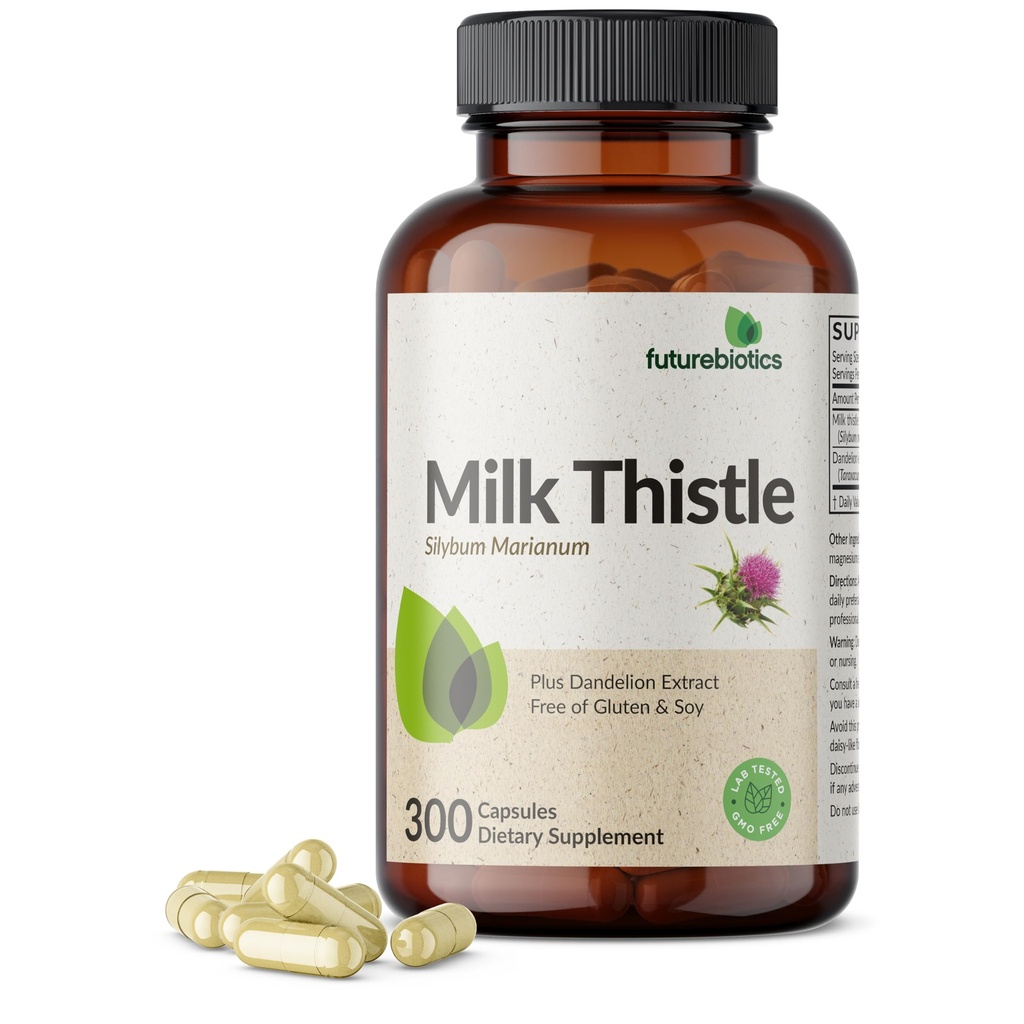 Futurebiotics Cardo de leite Silymarin Marianum & Dandelion Apoio à saúde do fígado raiz, Suporte antioxidante, Detox, 300 cápsulas