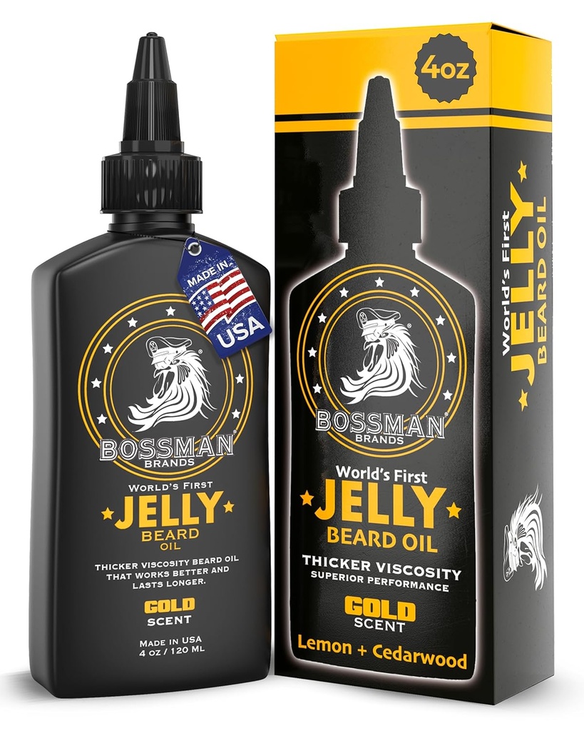 Bossman Jelly Beard Oil for Men (4 onças, Gold Scent) – suaviza, hidrata & condições com ingredientes naturais