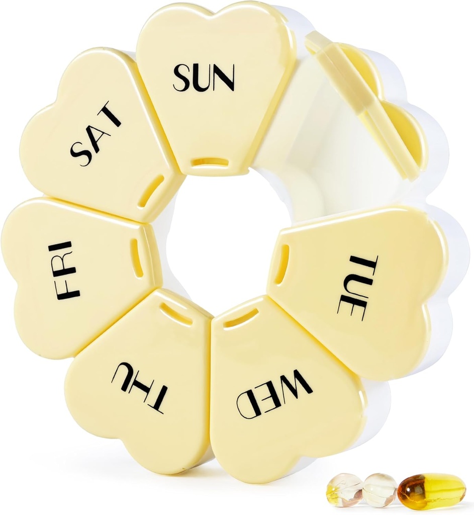 MOLN HYMY Grande caixa de comprimidos semanal 7 dias, organizador de caso de pílulas, recipiente de pílulas de flor uma vez diariamente, dispensador de medicina redonda para vitamina / óleo de peixe / medicação / suplemento (amarelo)