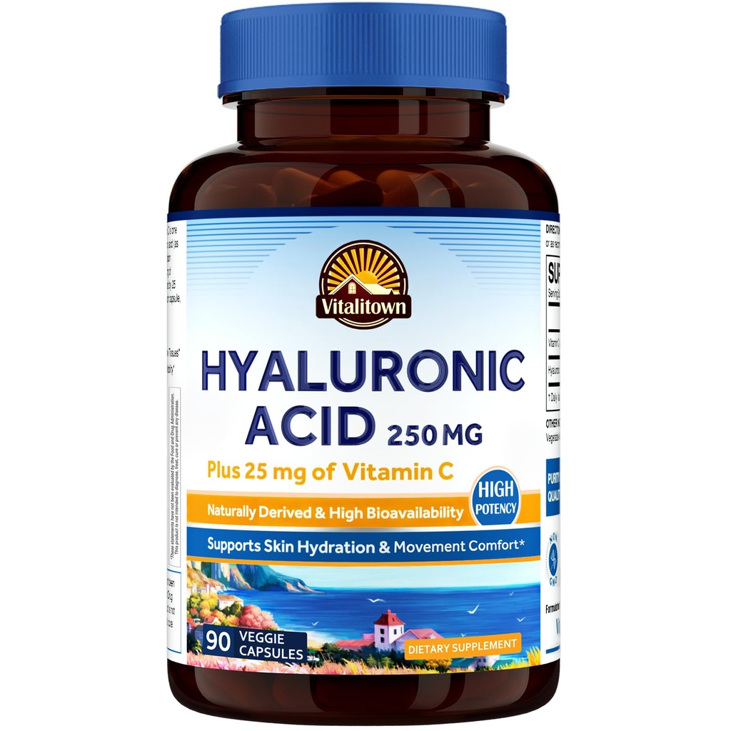 Vitalitown Suplementos de ácido hialurônico 250 mg, Mais 25 mg de vitamina C, Naturalmente Derivado & alta biodisponibilidade, Hidratação da pele, 90 cápsulas Vegan, 3 meses de fornecimento