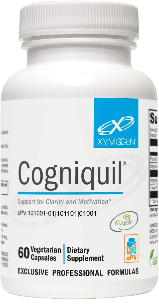 XYMOGEN Cogniquil - Apoio à Clareza, Foco, Motivação, Energia Mental e Física - Magnésio L-Treonato para Fornecer Magnésio Biodisponível ao Cérebro, Teacrino + Vitamina B12 (60 Cápsulas)