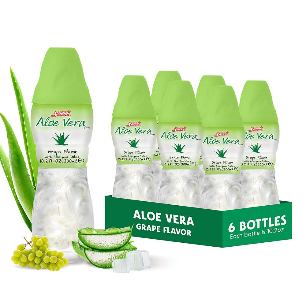 Suco de aloé vera (aroma de uva) com pedaços maiores de polpa de aloé pura (6 embalagens) Suco à base de plantas grande para hidratação e contém grande polpa de aloé. É saudável para adultos e crianças