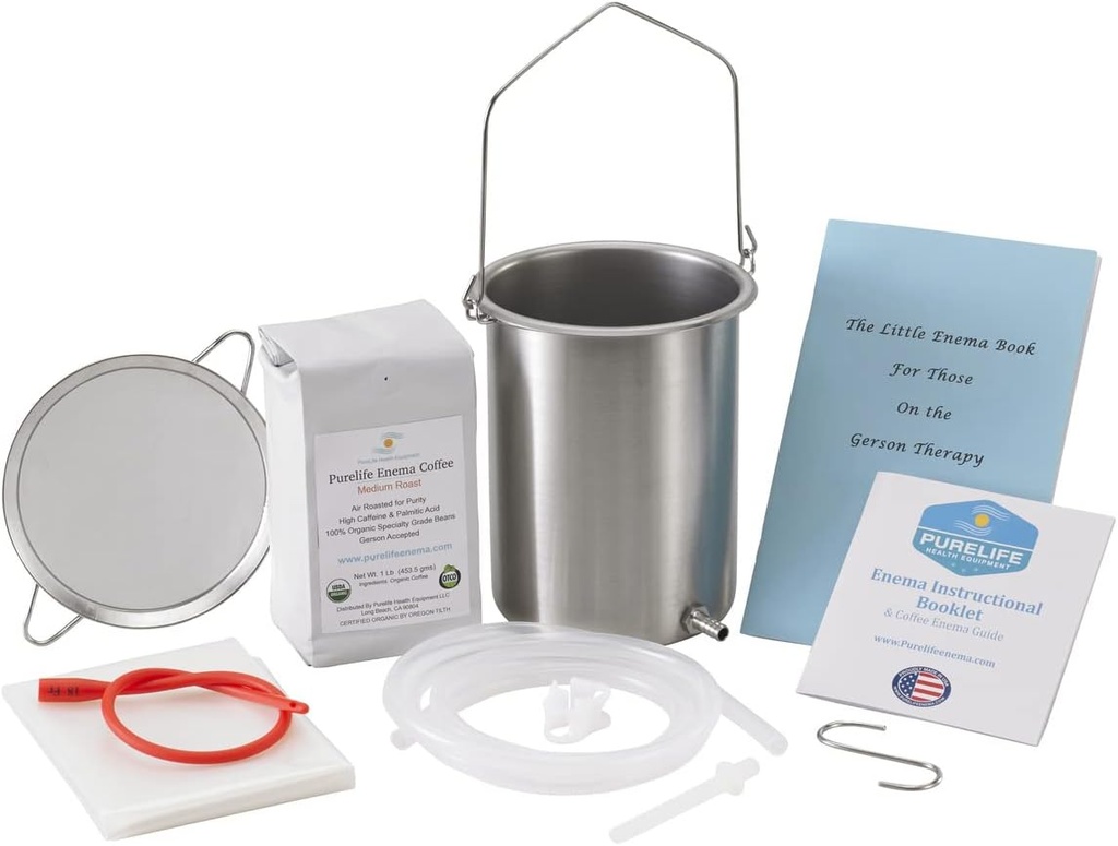 PureLife Coffee Enema Kit- Made in USA - All You Need Kit - 2 Qt USA Inox Enema Enema Balde - laboratório testado Enema orgânico café - molde, fungos, micotoxina livre - 1 libras - coffee Strainer
