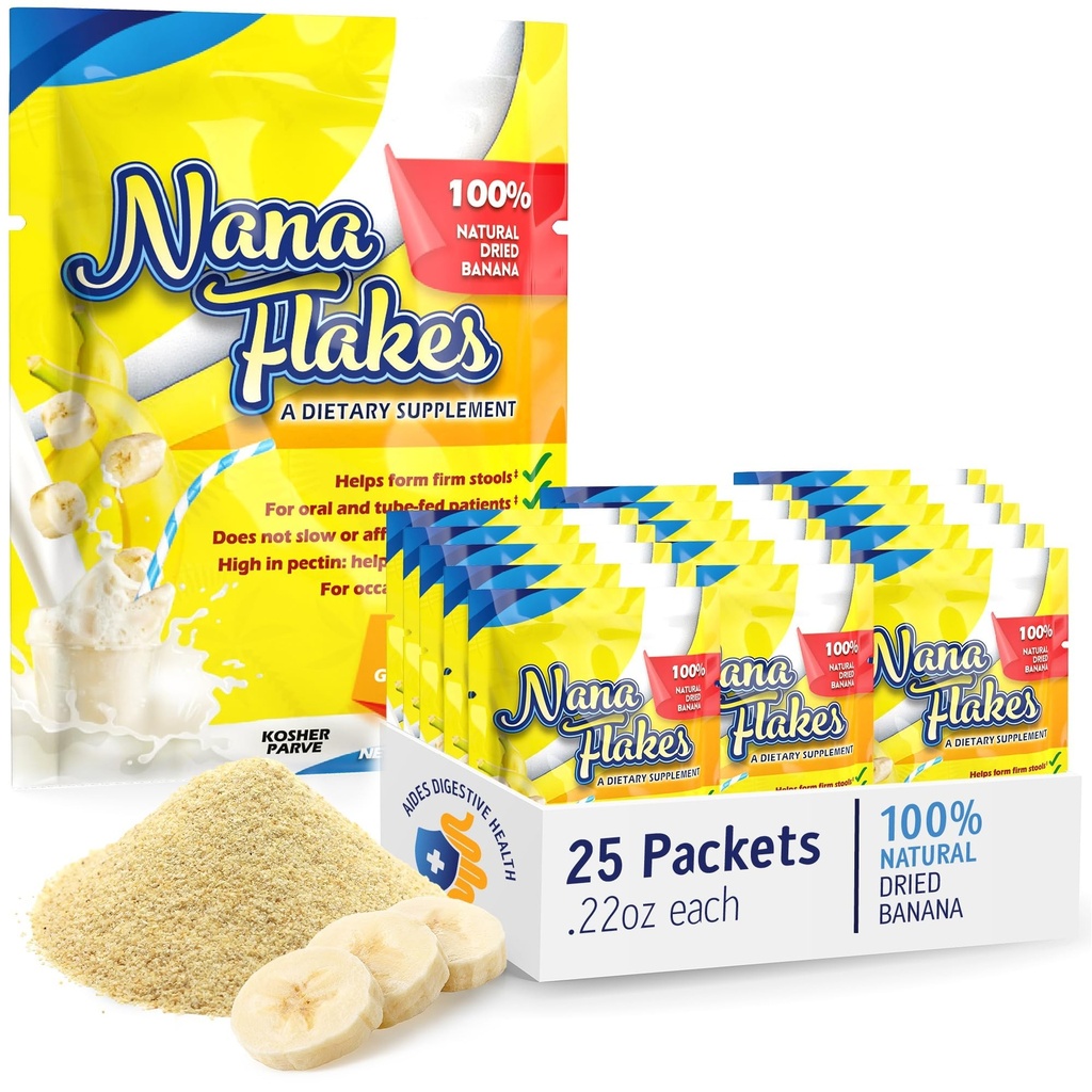 Nana Flokes 100% Pure Banana Flokes Food Medical Powder - Diminuir a ingestão de gordura e remédio natural para diarreia e queimadura do coração - grande fonte de proteína e fibra (25 pacotes de serviço único)