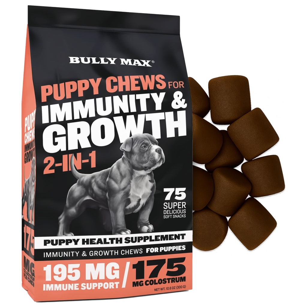 Bully Max 2-em-1 Cachorrinho trata mastigação macia para imunidade e crescimento - Vitaminas e suplementos de cães - Topper de alimentos multivitamina essencial para a saúde e suporte imunológico - Pequenos, médios e grandes filhotes de raça