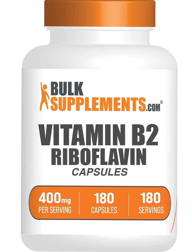 BulkSuplements.com Cápsulas de Riboflavina - Vitamina B2 400 mg, Riboflavina 400mg - Vitamina B Essencial, Glúten Grátis, 1 Cápsula por Serviço, 180 Cápsulas (Pacote de 1)
