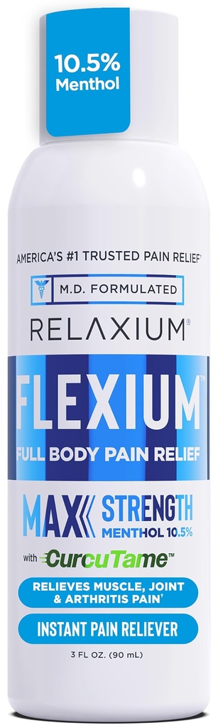 Relaxamento Flexium Instant Spray para dor, força máxima com 10,5% de mentol & CurcuTame, suporta músculo, articulação e artrite alívio da dor, 3 FL oz. (90 ml)