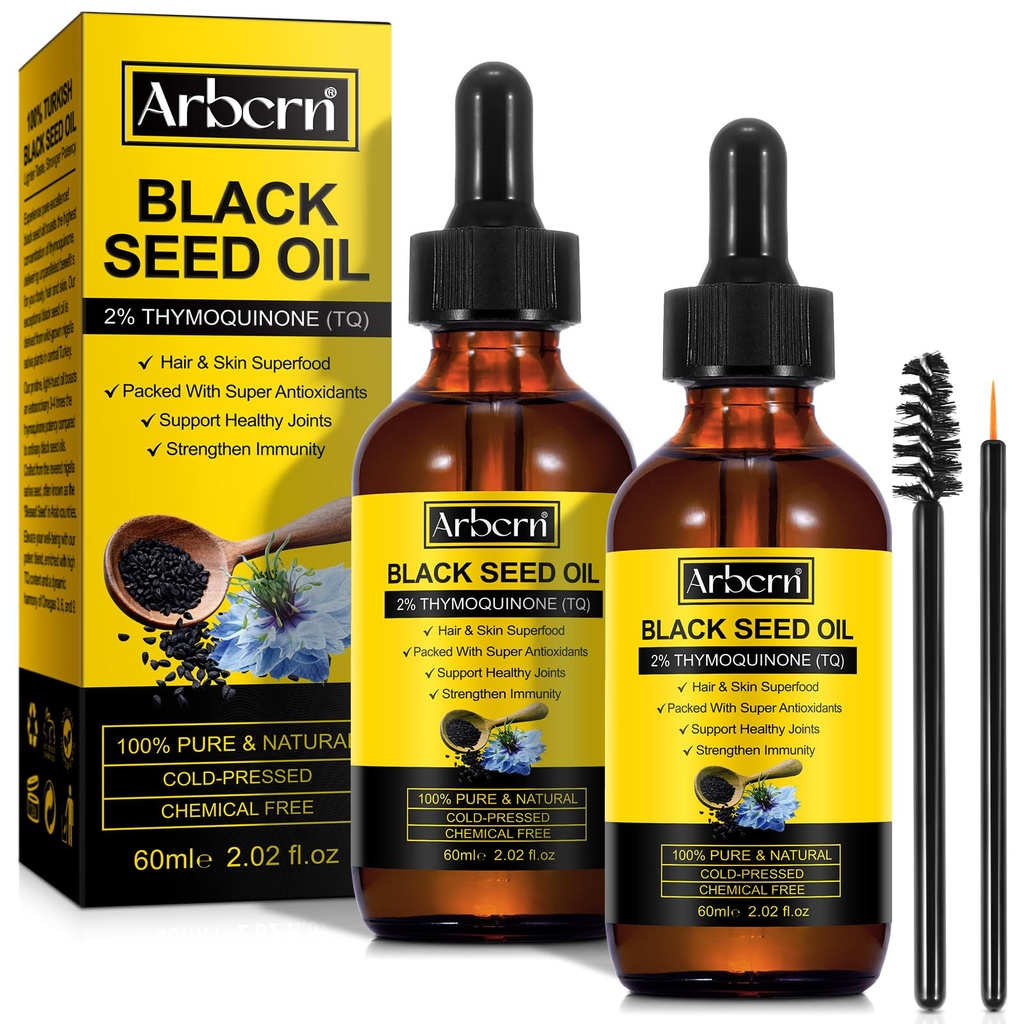 2 embalagem Black Seed Oil Orgânico Cold Pressed, 100% Puro & Natural Liquid Black Seed Oil Cold Pressed Glass Garrafa 60ML para cuidados de pele, nutrizes e hidrata o cabelo