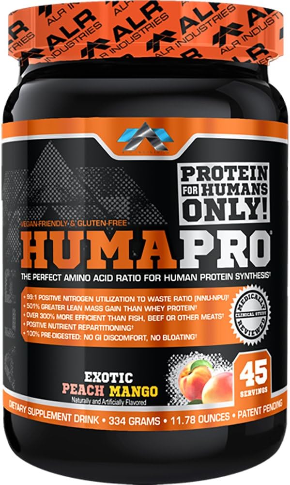 Humapro □ Matriz de proteína de aminoácidos para seres humanos 99% Utilização para músculo magro Vegan, Glúten Livre □ 334g / 45 Servimentos (Manga de pêssego exótica)
