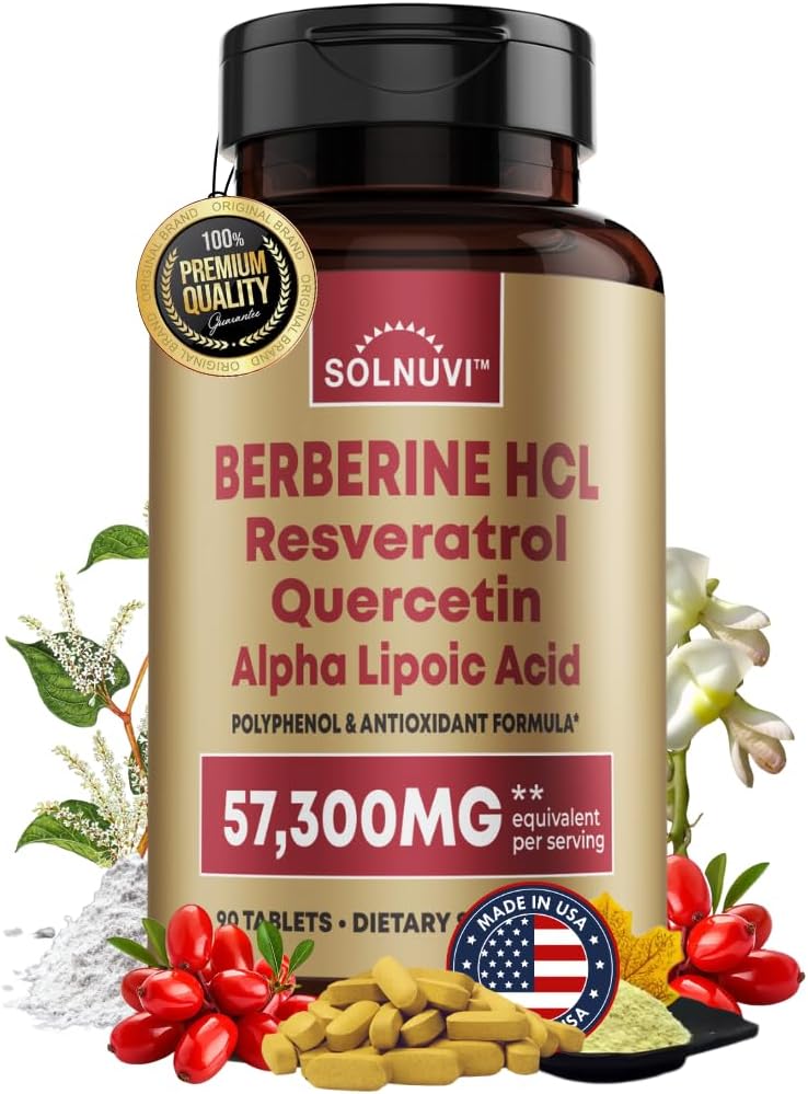 Premium Berberine Suplemento com Resveratrol Quercetin Alpha Ácido Lipóico - 50:1 Berberine HCl Complexo potente antioxidantes, Polifenóis, Vitality Boost - 90 comprimidos Vegan, Não-GMO, Gluten-Free