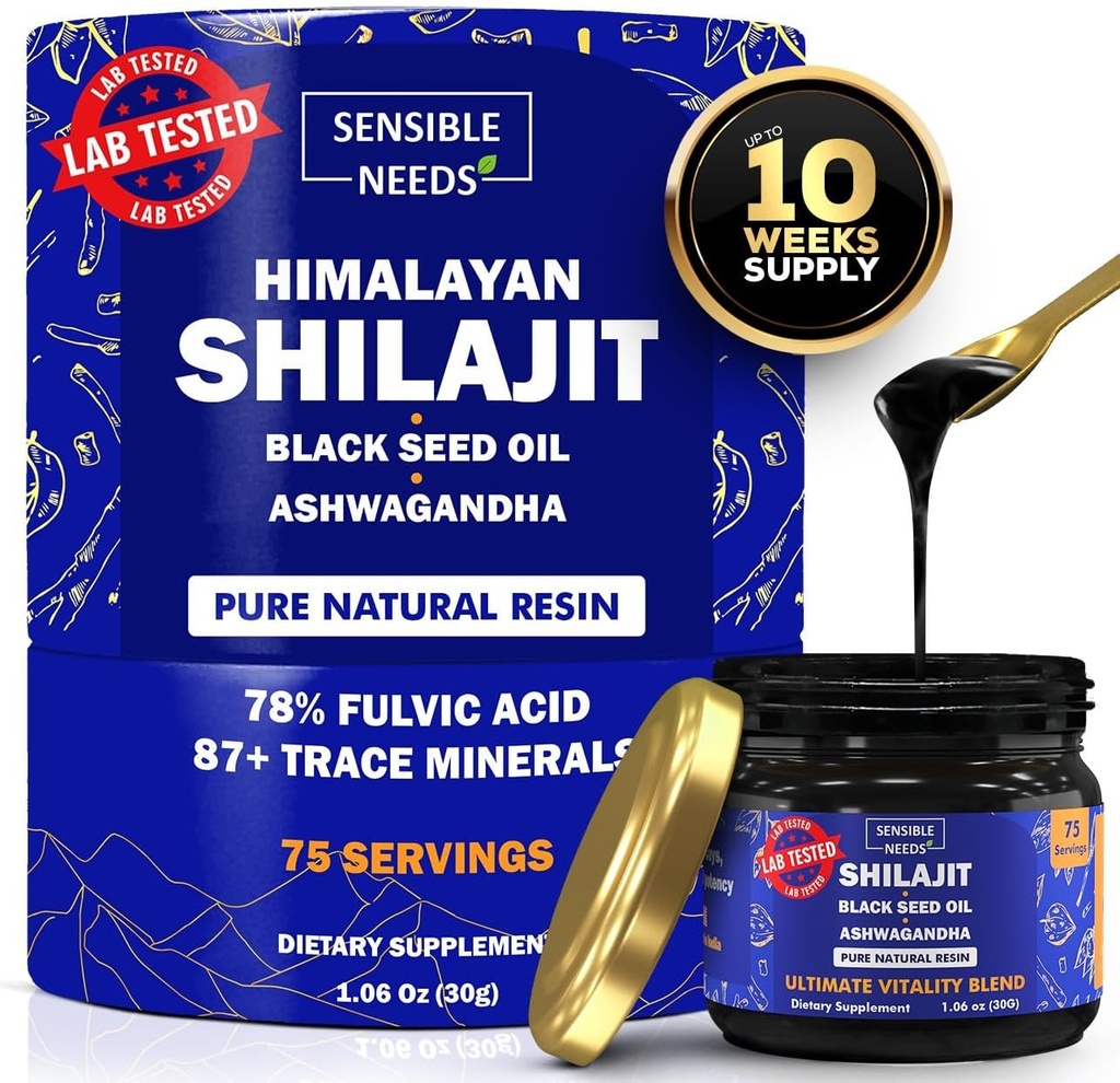 Puro Himalayan Shilajit suplemento de resina orgânica, Shilajit para homens e mulheres com óleo de semente preta & Ashwagandha, Energia, Imunidade, 78% ácido fulvico, 87+ Trace Minerals, 400mg