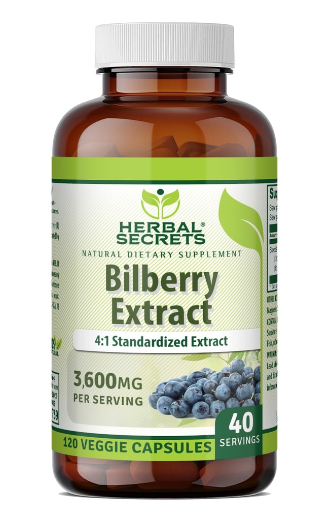 Herbal Secrets Bilberry Extract 300 Mg □ 4:1 Extract (3600 mg Equivalente) □ Veggie Cápsulas □ Não-GMO □ Gluten-Free □ Made in USA (120 Count)