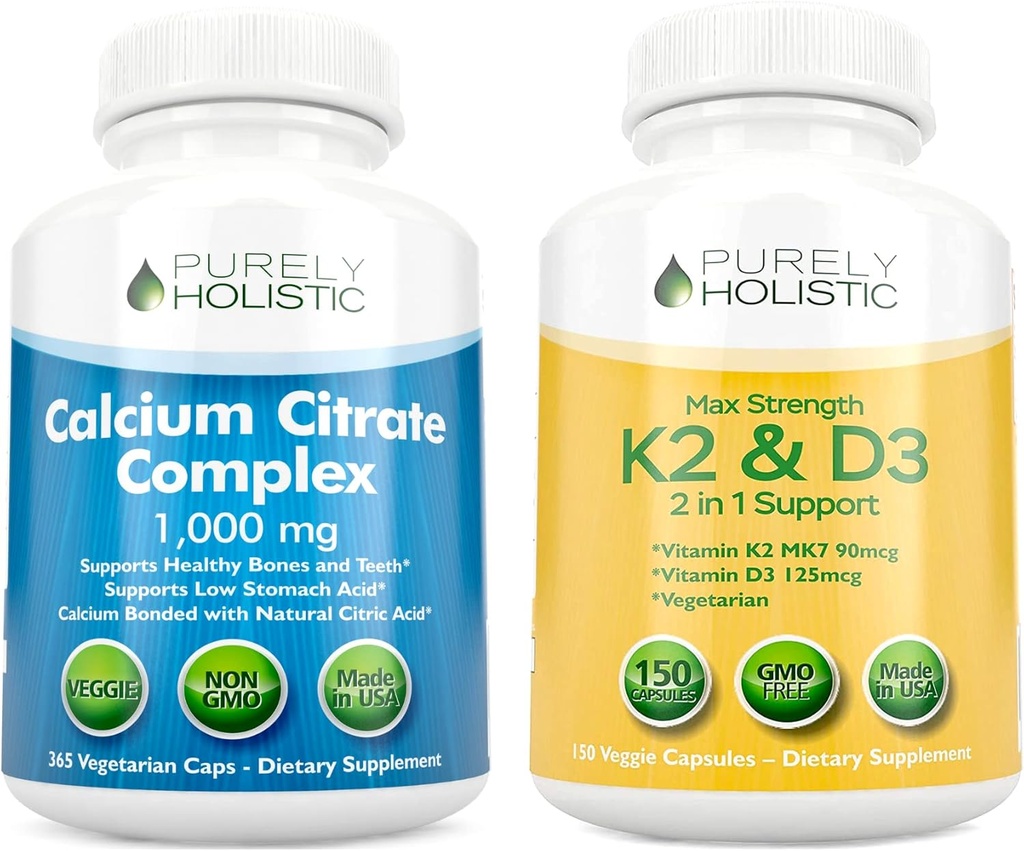 Puramente Holístico Citrato de cálcio 1000mg + Vitamina D3 125mcg K2 MK7 90mcg - 365 Cápsulas Vegan + 150 Cápsulas Vegetarianas Bundle - Made in USA