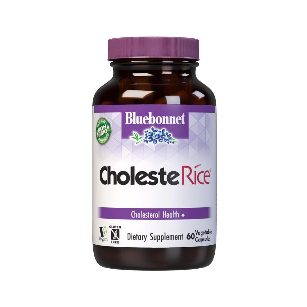 Bluebonnet Nutrition ColesteRice Vegetal Cápsulas, Red Yeast Rice, Planta Sterols, Pantetina, CoQ10, Policosanol, Vegan, Vegetariano, Não OGM, Sem glúten, Leite, Sem soja, 60 Cápsulas Vegetais