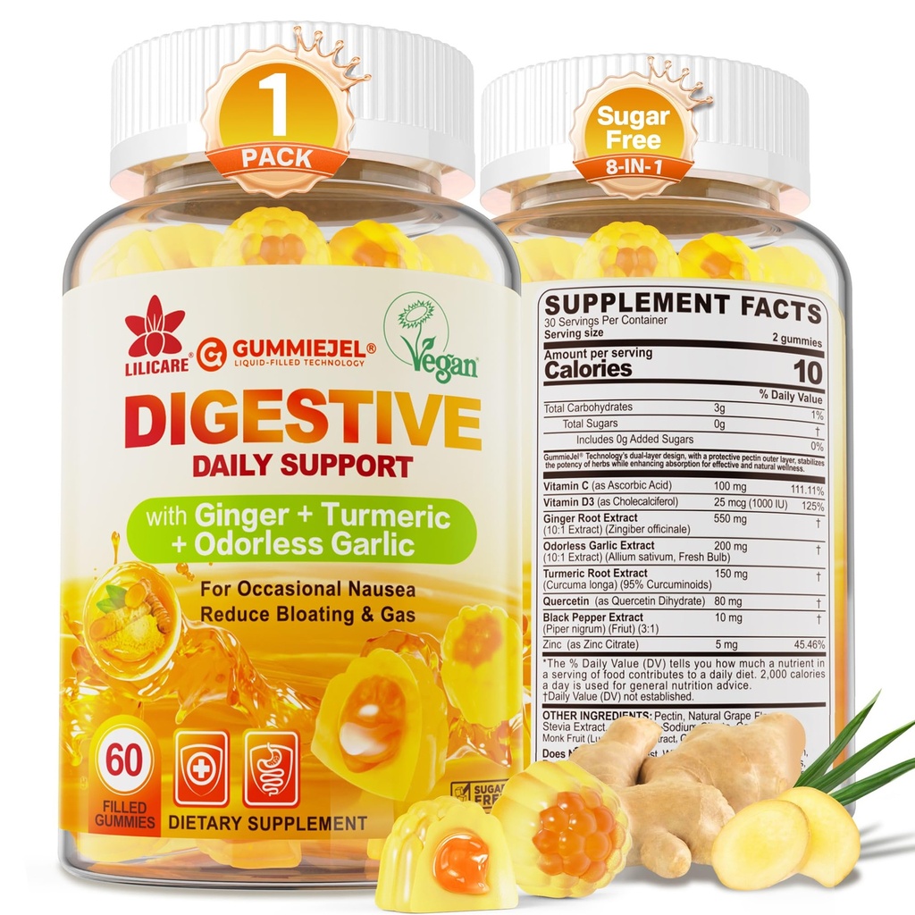 Ginger Mastiga chicletes para Náusea & Suporte Digestivo, Alivio estomacal - Açúcar grátis com alho alcaçuz & odorless, Quercetin, Vitamina D3, C, Delicious Digestive Supplements, 60Cts (Pacote de 1)