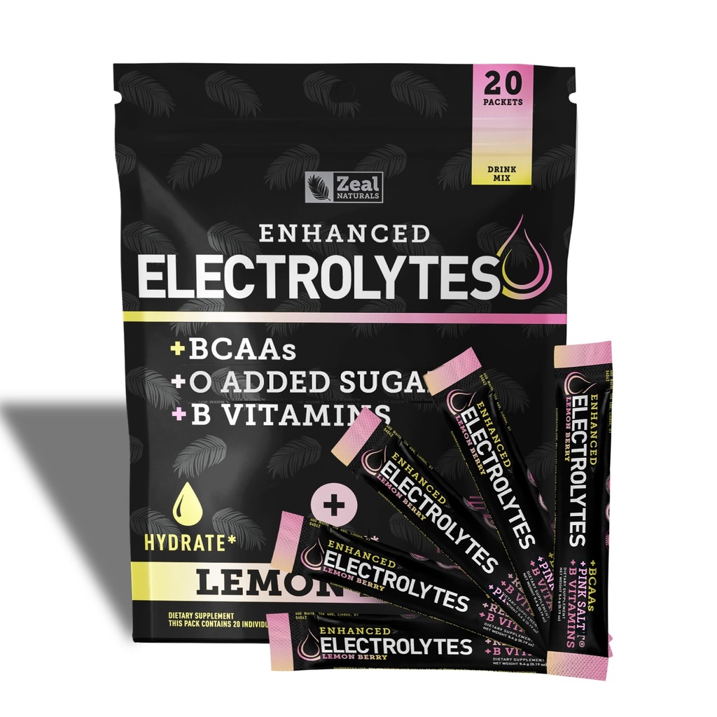 Pacotes de varinha de pó de electrólito melhorado (Lemon Berry 20 Packets) w/ 0 Açúcar + BCAAs + B- Vitaminas Suplemento de electrólito w Zinco de potássio e magnésio para Hidratação - Eletrólitos de Keto