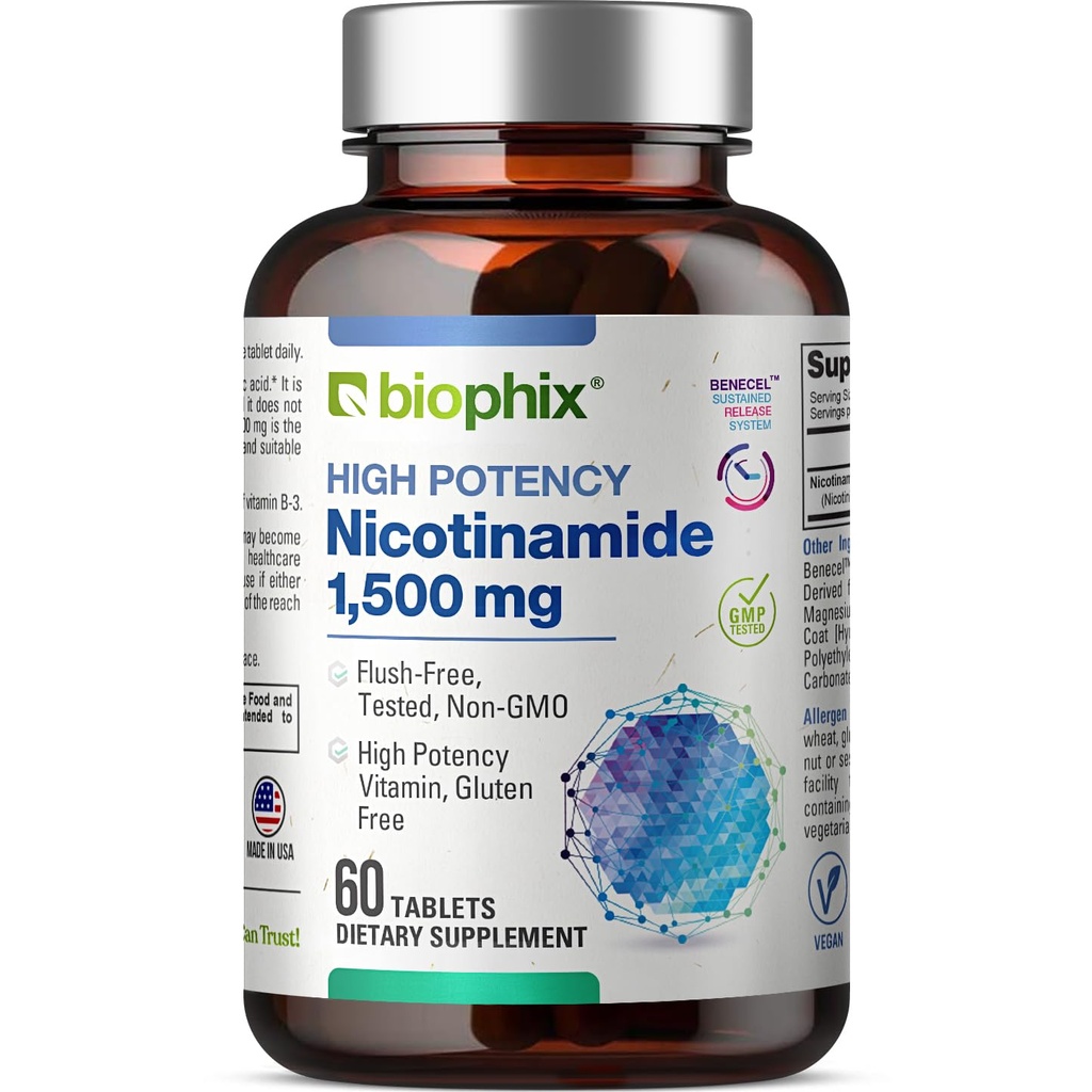 biophix B-3 Nicotinamida 1500 mg 60 Comprimidos Concentração máxima - Nicotínico Amide Niacin Natural Flush-Free Vitamina Fórmula - Suporta a saúde da pele