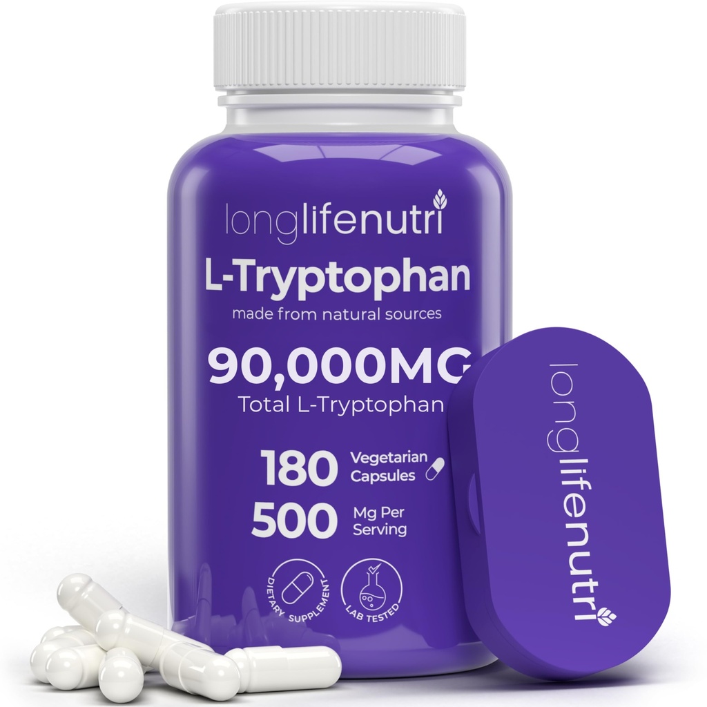 L-Tryptophan 500mg – 180 Cápsulas Vegetarianas, 6-Mês de Abastecimento, para Ajuda ao Sono e Estabilidade de Humod, Testado em Laboratório, Made in USA, Non-GMO