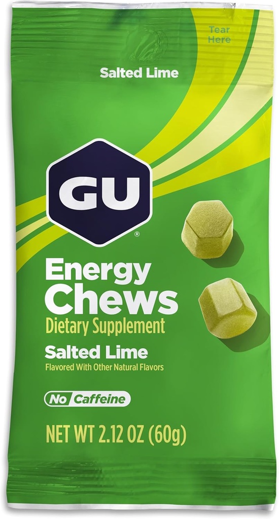 GU Energy Chews, Pastilhas de energia de cal salgada com eletrólitos, Vegan, Gluten-Free, Kosher, Cafeína-Free, e Dairy-Free On-The-Go Energy para qualquer treino, 12 Bags (24 Servings Total)