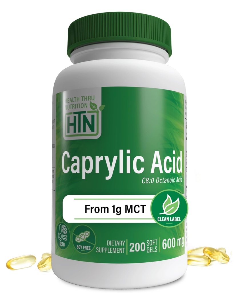 Saúde Thru Nutrition Caprylic Acid 600mg 200 Softgels C8 Octanoic Acid from Pure 1g MCT Oil (Óleo puro de 1g MCT) Não-GMO & Soy Free (Saúde Digestiva e intestinal saudável)