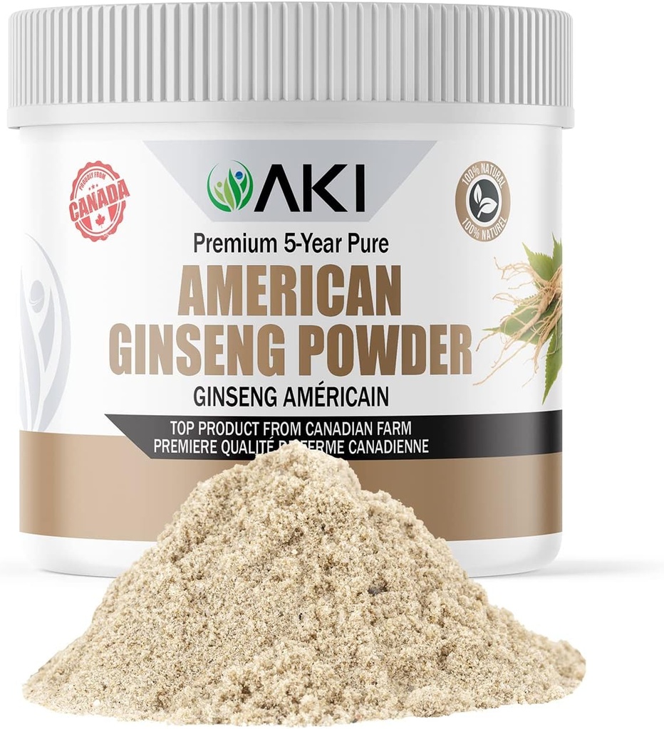AKI American Ginseng Powder com 4% Ginsenosides - Ideal com café, Bebidas como smoothies (4oz/113g)