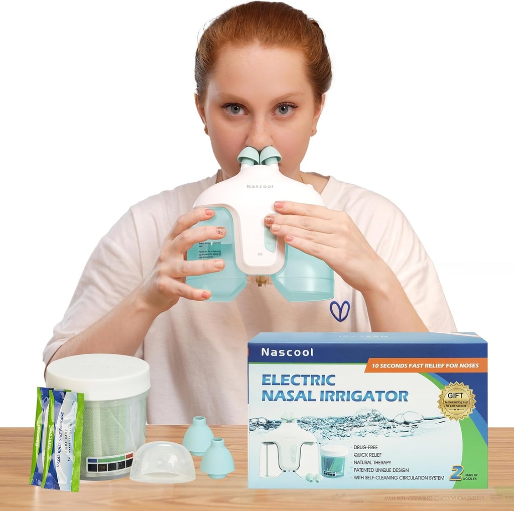 Sistema de irrigação nasal elétrica, limpador de nariz de máquina de lavagem nasal para adulto Sinus, lavador de nariz, sistema de lavagem nasal com 50 pacotes salinos (verdes)