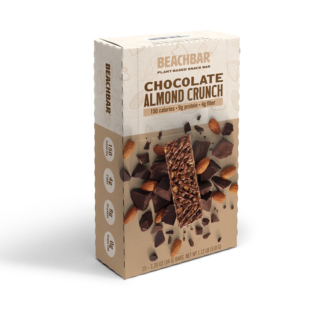 BODi BEACHBAR Crocante de amêndoa de chocolate com base em plantas – proteína rico Vegan Snack Bar, Sem glúten, Baixo índice glicêmico, 10g de proteína, 150 calorias, 15 barras por caixa