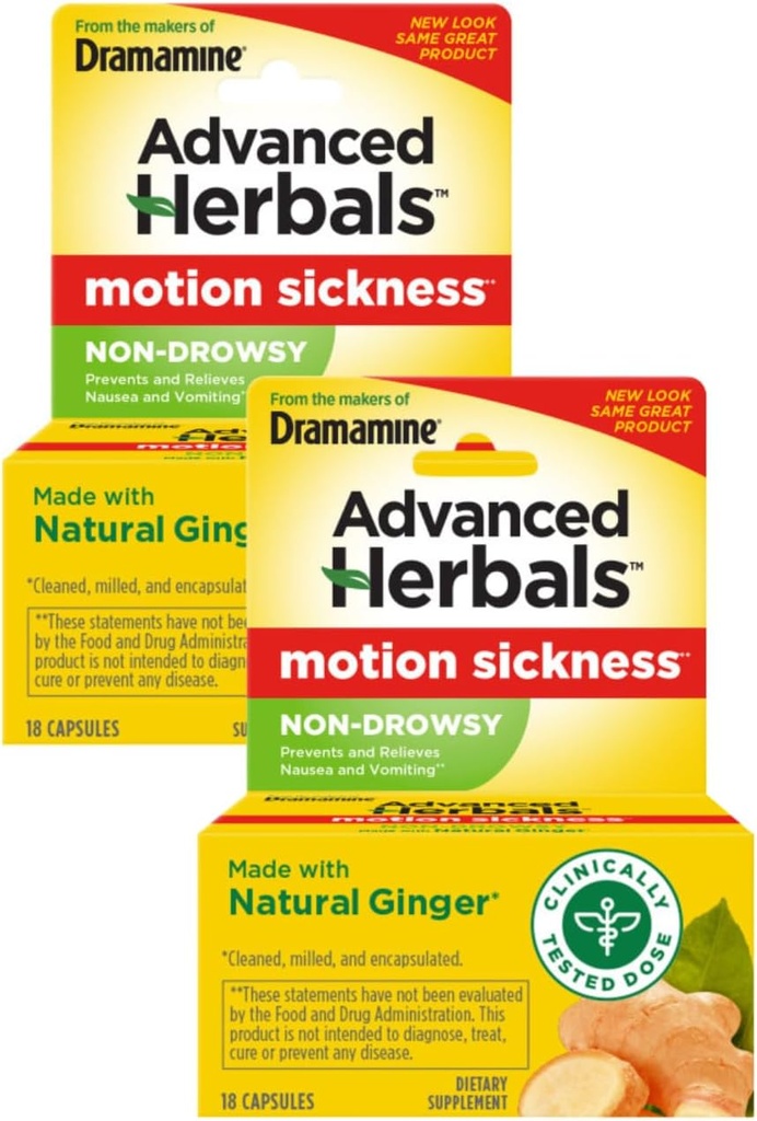 Dramamine Motion Sickness Alief, Não-Drowsy, Naturals with Ginger, 18 Ct. (Pacote de 2)