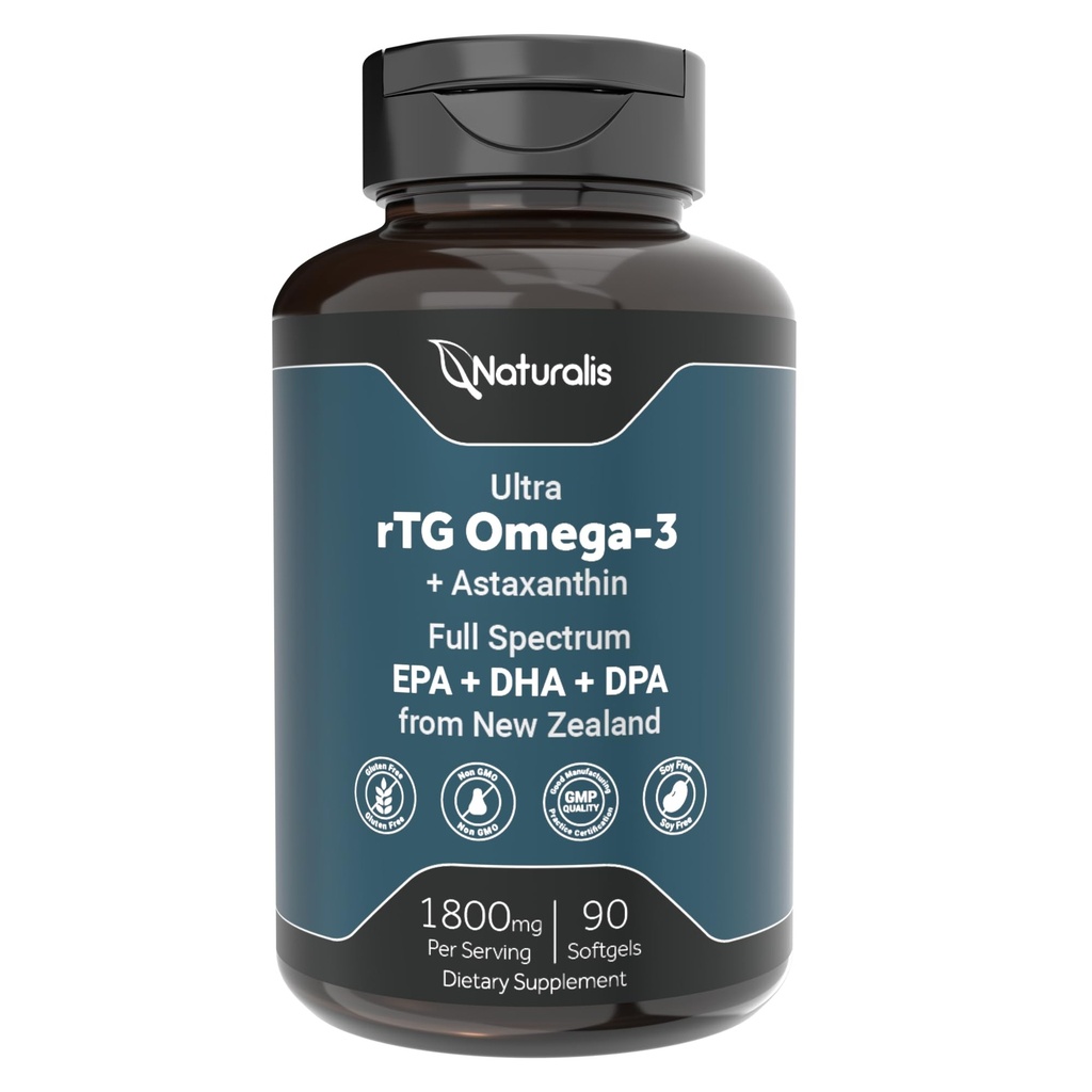 Naturalis Ultimate rTG Omega 3 Fish Oil 1800mg from Wild New Zealand Tuna - Full Spectrum Omega3s EPA, DHA & DPA - Sustentável Fonte, Não-GMO, Gluten Free - 90 Softgels