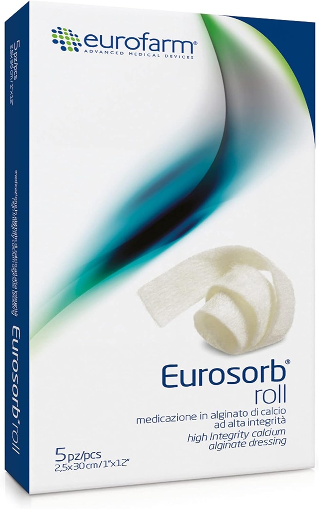Rolo Eurosorb -1 x 12 em -100% Alta Integridade Vestido de Faixa de Cálcio,Promove o Processo de Cura,Formação de Novo Tecido,Alginato Integral –5 Peças