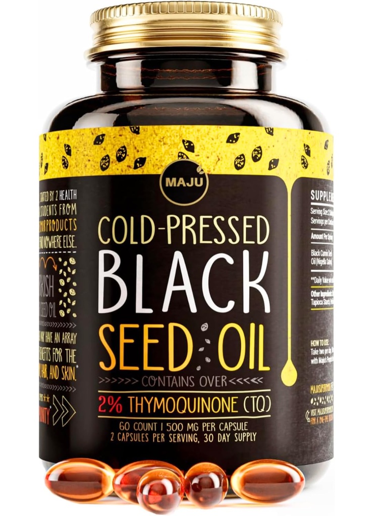 Maju Superfoods Black Seed Oil Cápsulas - Cold Pressed, 2% Thymoquinone, 100% Turkey Black Cumin Nigella Sativa Seed Oil, Liquid Pure Blackseed 60 Count, 500mg por cápsula