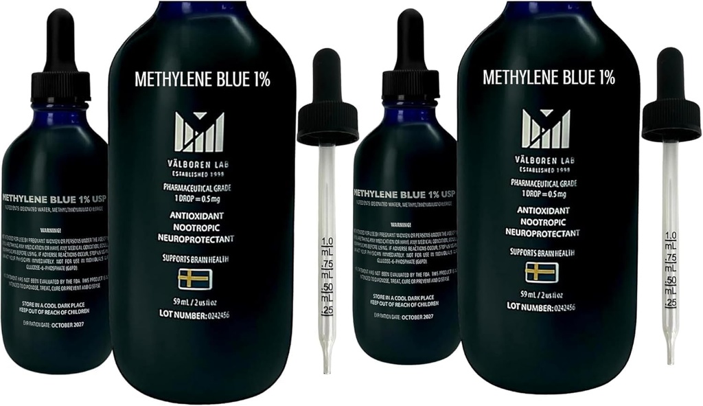Metileno Blue Pharmaceutical Grade Bundle - 2 oz & 4 oz Garrafas - USP Grade - Made in USA - Terceira Parte Testado, Formaldeído e Álcool-Livre - Suplemento Saúde do Cérebro - Metileno 1% Drops for Humans
