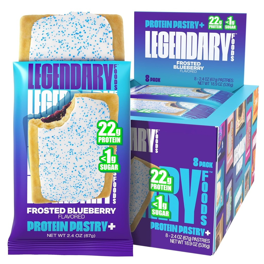Alimentos lendários 22g Pastelaria proteína+ Amora gelada, Low Carb Bar de substituição de refeições - Baixo glicêmico, Glúten Free Proteen Snacks - saudável Keto Snack Box 8 Zero Sugar Energy Bars - Diabético amigável