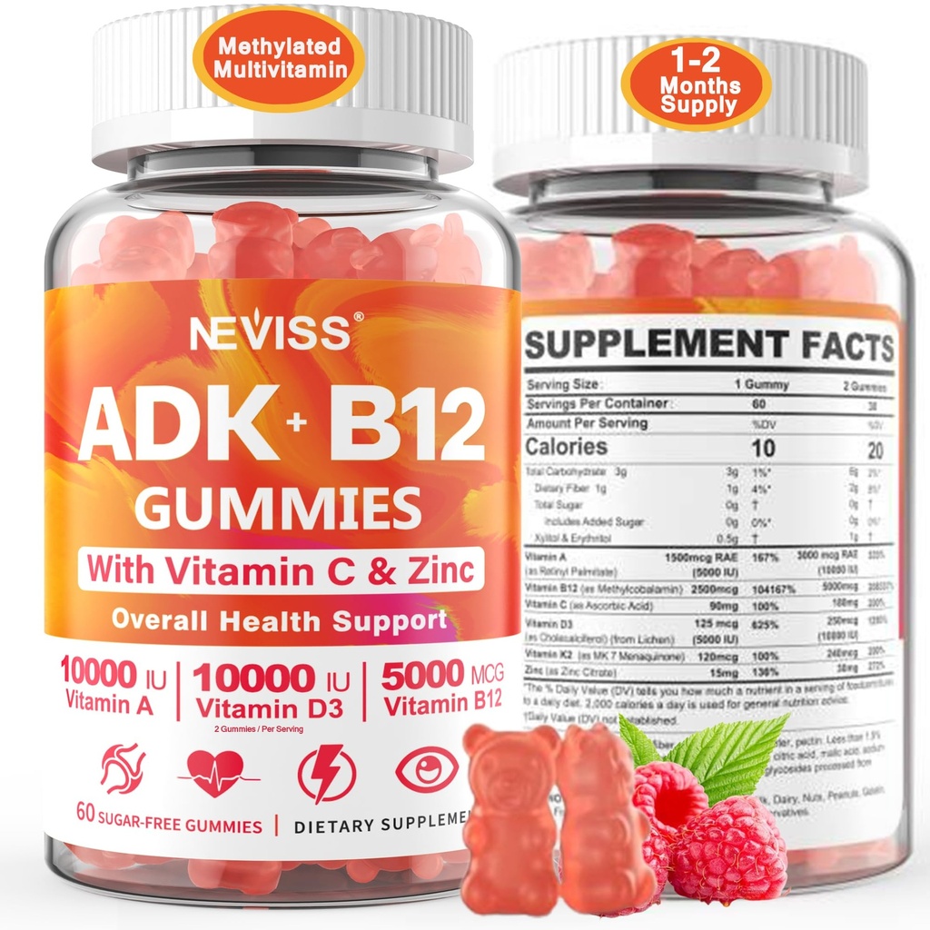 Mulheres multivitaminas metiladas, Vitamina D3 K2 5000UI / 10.000UI, B12 5000 mcg 2500mcg, K2 (MK-7) 240mcg- ADK + Vitamina metil B12, Vegan D3, Vitamina A,C,Zinc Olho,Bone,Energia,Immune, Gummies sem açúcar