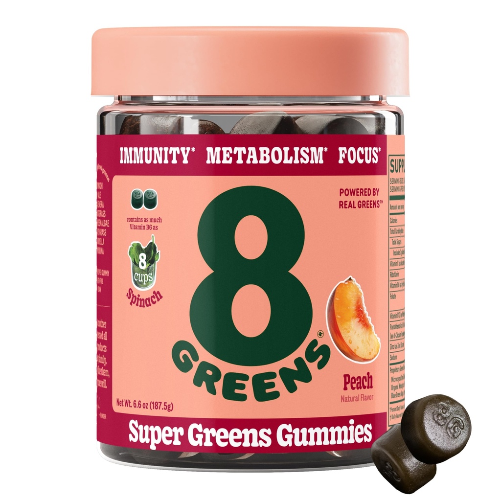 8Greens Supergreens Gummies Super Greens Powder Superfood Gummy para Metabolismo, Imunidade e Foco, Enzimas Digestivas de Saúde, Orgânico: chlorela, espirulina, Aloe Vera, Flavor de pêssego, 50 Conde