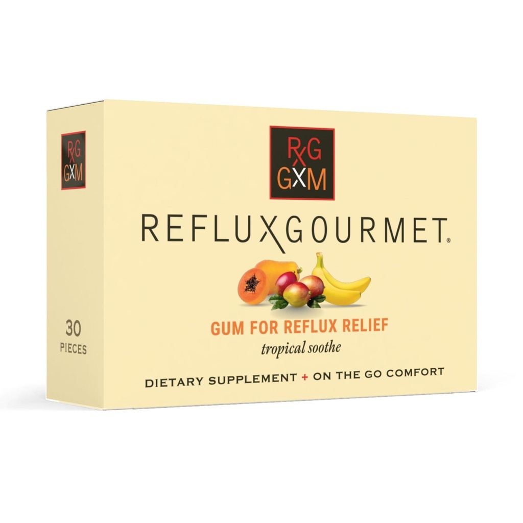 Reflux Gourmet Tropical Soothe Gum Alginate Terapêutica Bicarbonato de Sódio Gum para Reflux Ácido, Oral, Cognitivo, e Apoio Digestivo, Natural com Ginger, Celeriac, Aloe, Açúcar Livre, Glúten Livre, Vegan