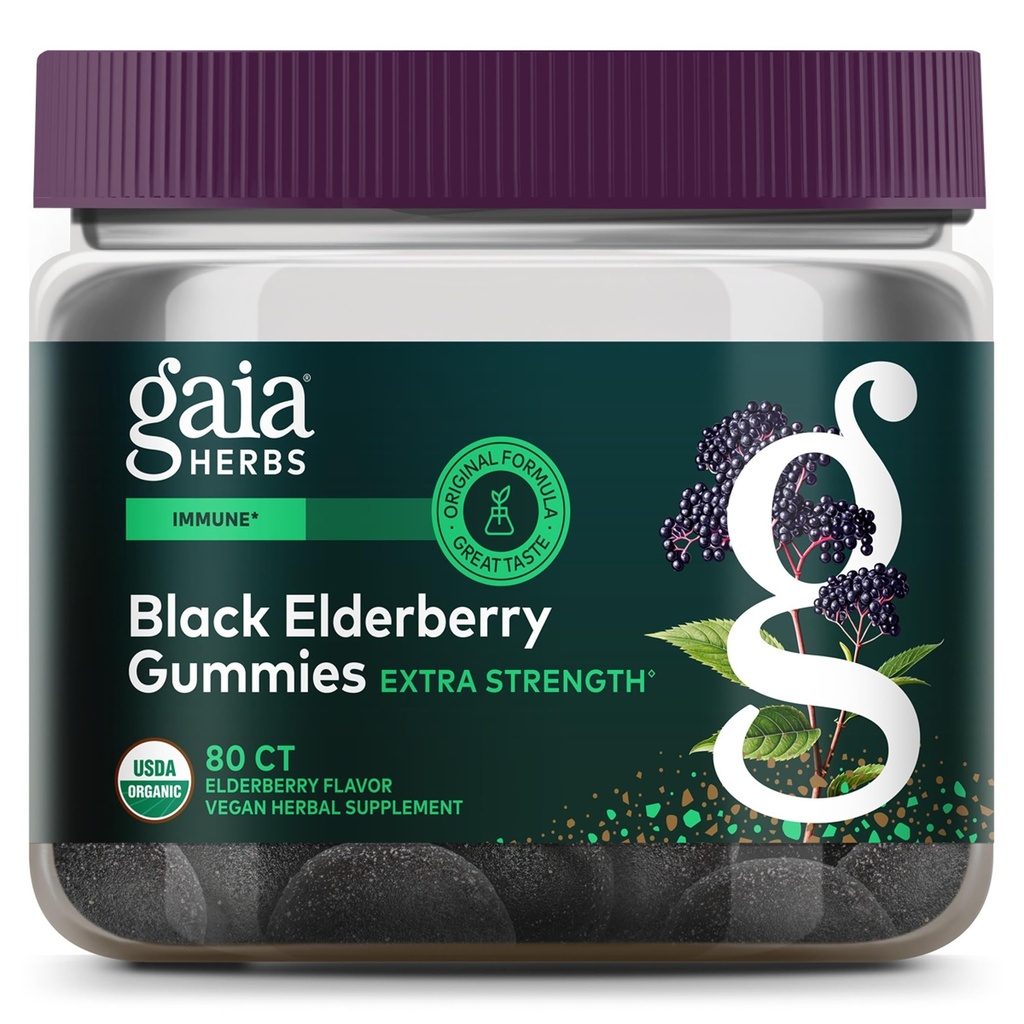 Gaia Herbs Black Elderberry (Sambucus Nigra) pastilhas de força extra - Delicious Immune Support Supplement - Made with Certified Organic Black Elderberrys for Immune System Support - 80 chicletes
