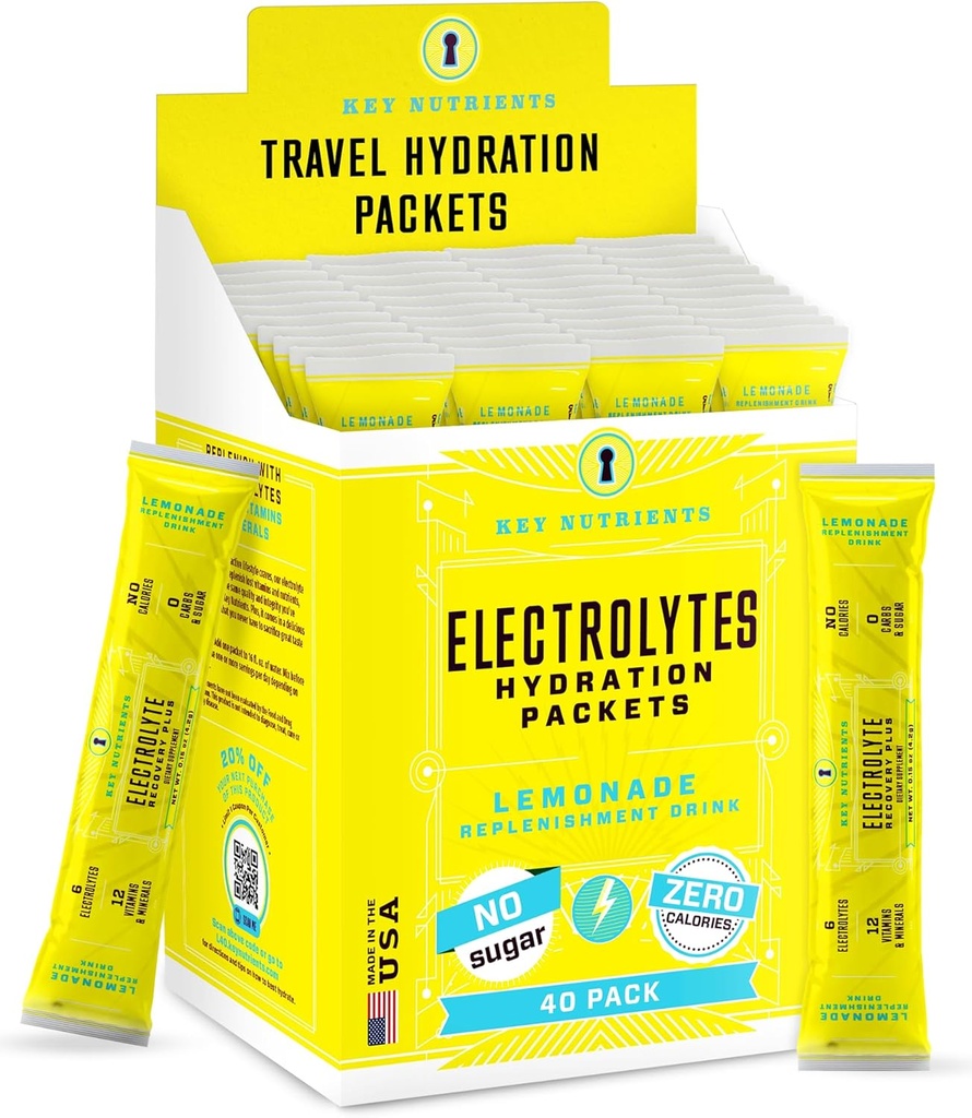 KEY NUTRIENTS Multivitamin Electrolytes Hydration Packets - Refrescante Limonada Pós treino e recuperação 40 Pack - Sem açúcar, Sem calorias - Viagens Hydration Powder