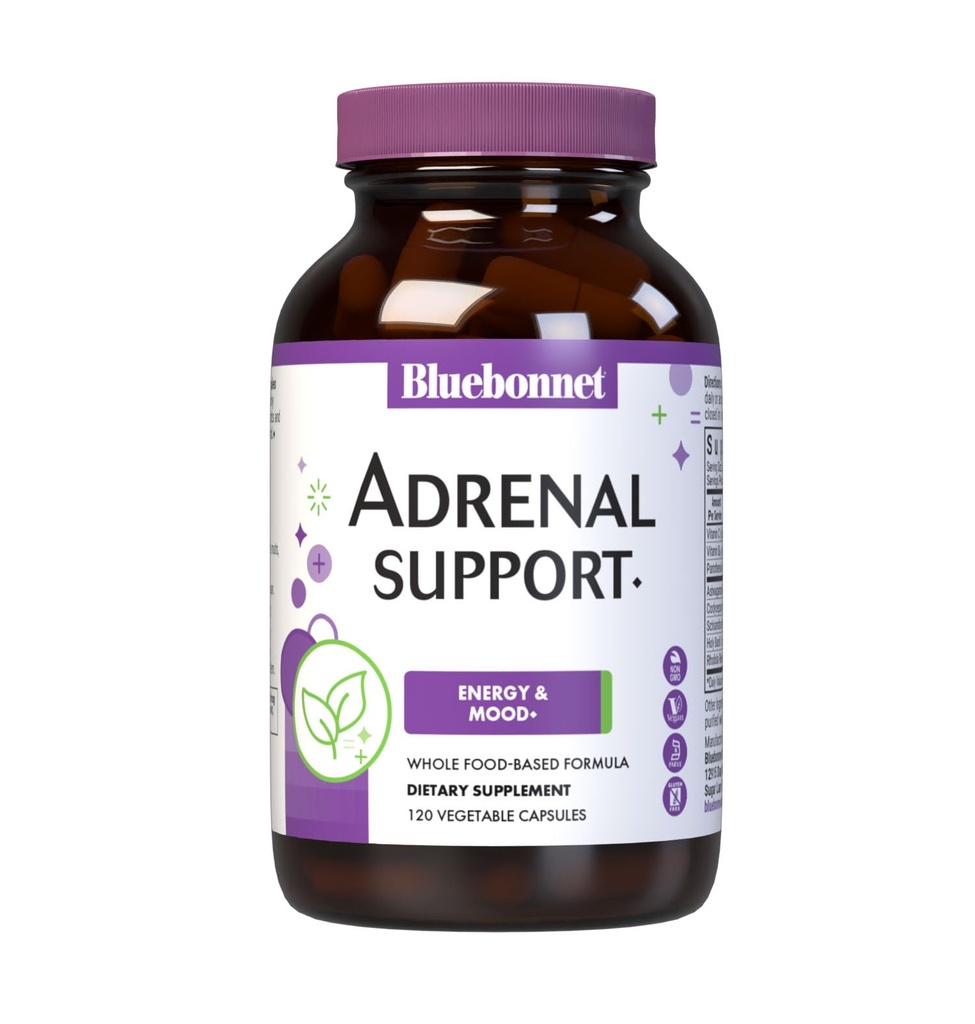 Bluebonnet Nutrition Suporte adrenal, Energia e humor*, Não-GMO, Vegan, Kosher Certified, Gluten-Free, Soy-Free, Dairy-Free, 120 Cápsulas Vegetais, 60 Servings