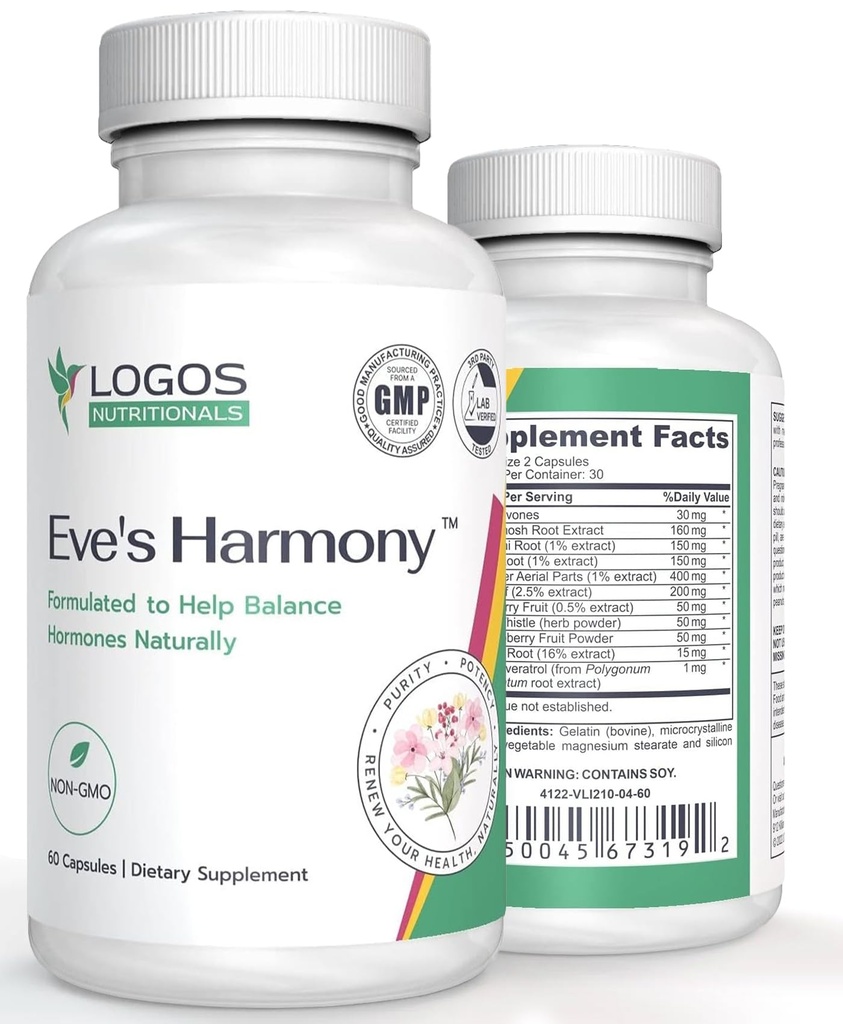 Suplemento Harmony Menopausa de Eve, Suporte Hormônio para Mulheres com Isoflavonas de Soja, Cohosh Preto e Framboesa Vermelha, Não-GMO Natural PMS e Suporte de Sintomas Menopausal, 60 Cápsulas