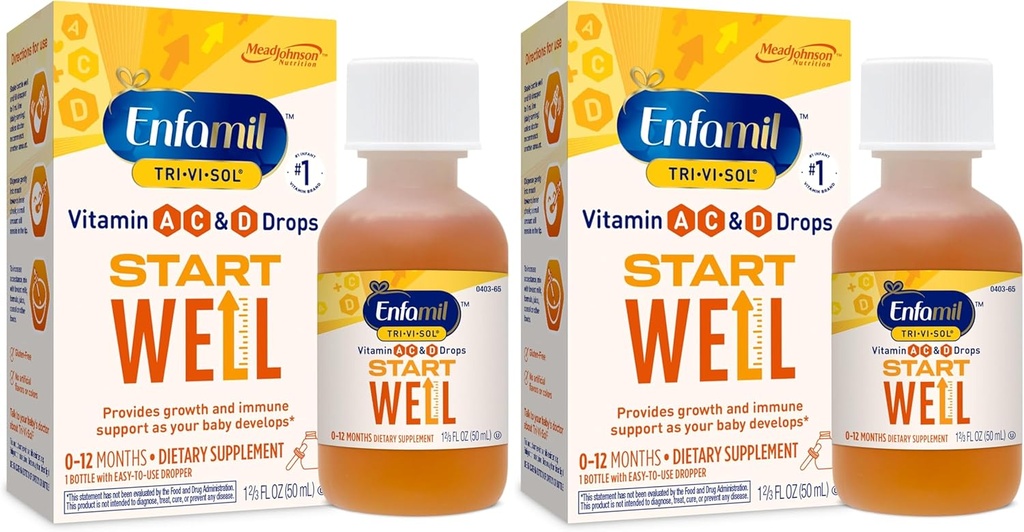Pré-Natais de Enfamil e Vitaminas do Bebê Tri-Vi-Sol Vitamina A, C & D Multi-Vitamina gotas para lactentes, Suporta Crescimento e Saúde Imune, 50 ml Dropper garrafa, 1,69 Fl Oz (Pacote de 2), MJ-030