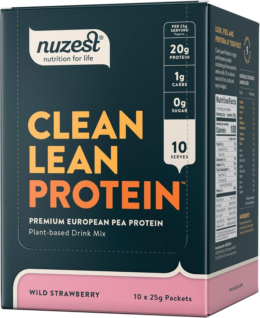 Nuzest - Pó de proteína de ervilha - Clean Lean Protein, Premium Vegan Planta Based Protein Powder, Dairy Free, Gluten Free, GMO Free, Protein Shake, Wild Strawberry, 0,9 onças, (Pacote de 10)