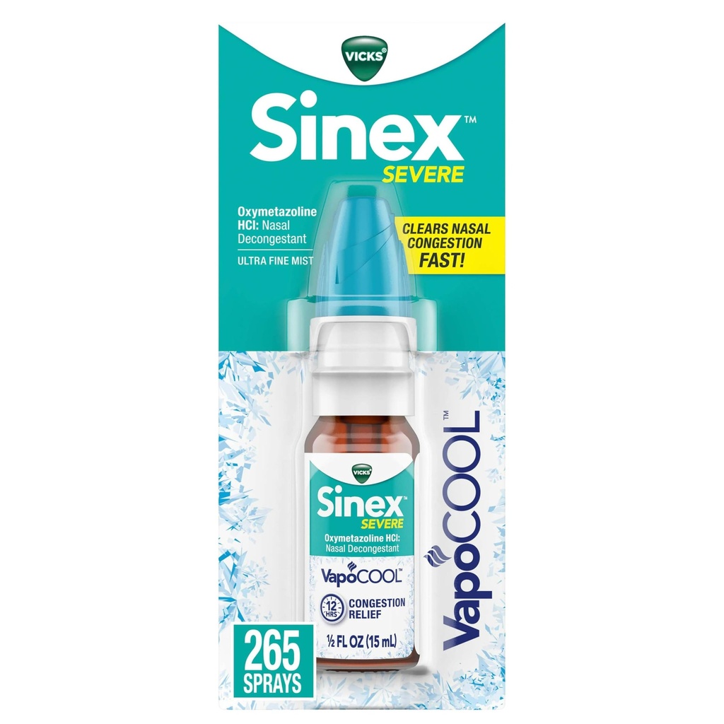 Vicks Sinex SEVERE Pulverização nasal com VapoCOOL, Vicks calmantes Vapores, Medicina Descongestionante, Alívio de Nariz Recheado devido a Frio ou Alergia, & Congestão nasal, alívio da pressão sinusal, 265 Sprays