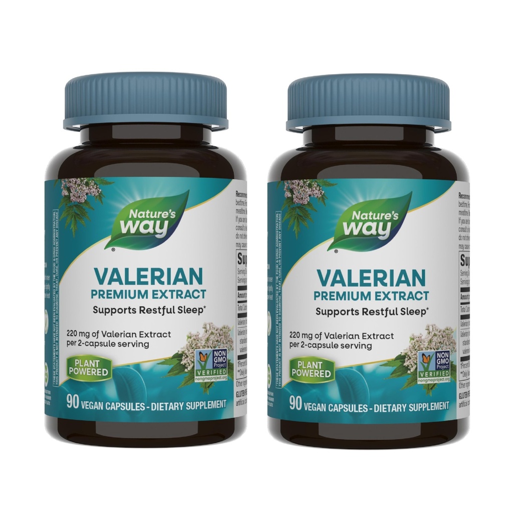 Nature's Way Valerian Premium Extract - 220 mg de extrato de valeriana por 2 cápsulas de serviço - Suporta sono tranquilo* - Projeto não-GMO verificado - Suplementos de ervas - Glúten grátis - 90 cápsulas (2 embalagens)